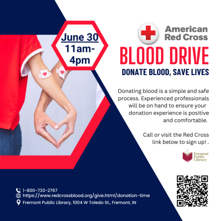 American Red Cross Blood Drive on June 30 from 11 am to 4pm. Donate Blood, Save Lives. Donating blood is a simple and safe process. Experienced professionals will be on hand to ensure your donation experience is positive and comfortable. Call or visit the Red Cross link below to sign up! Phone is 1-800-733-2767. 